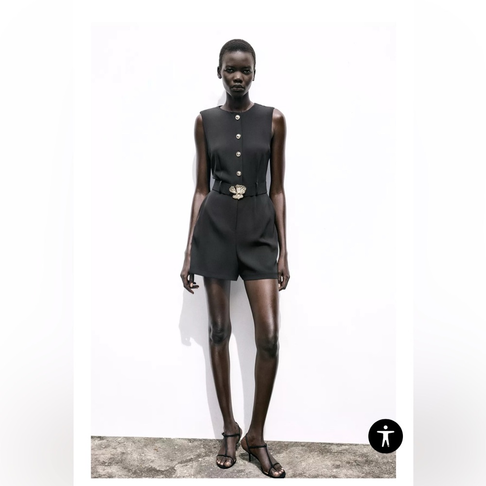 Belted Crape Jumpsuit, Black Sleeveless Button-Up Romper. Size M